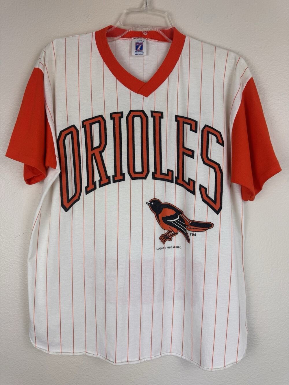 Vintage 80s 1988 Logo 7 Baltimore Orioles Pinstripe Baseball Tee Single Stitch L